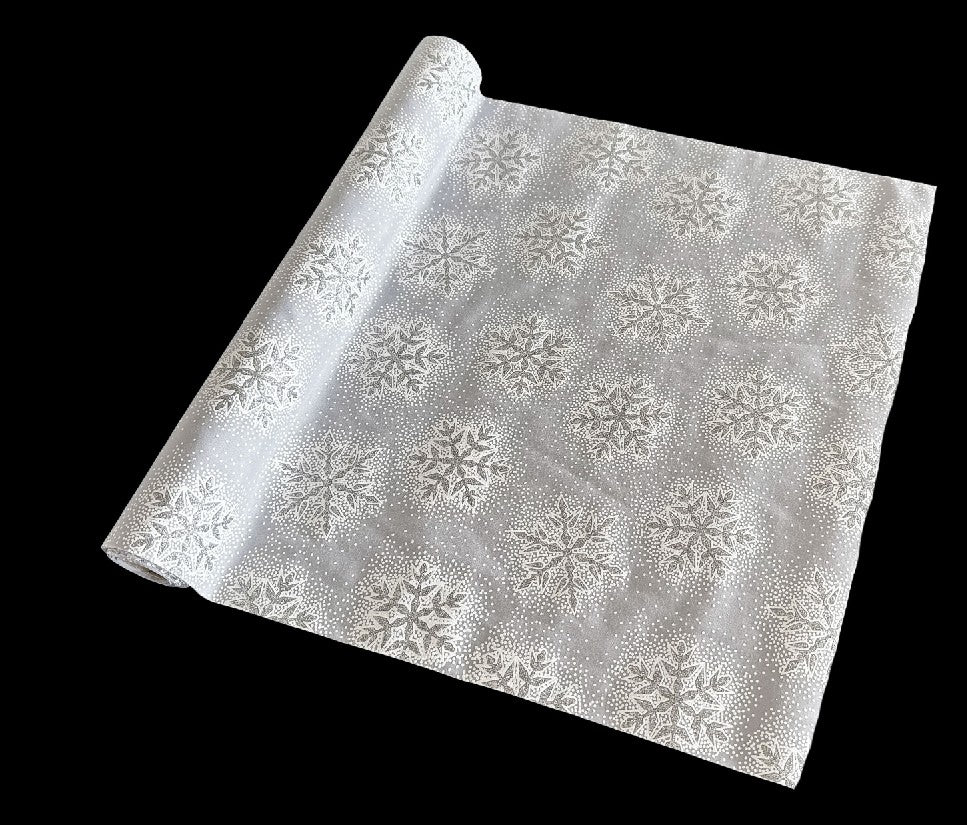 Dekostoff silber + silber Schneeflocken Design:Schneeflocken 36cm x 300cm - gerollt