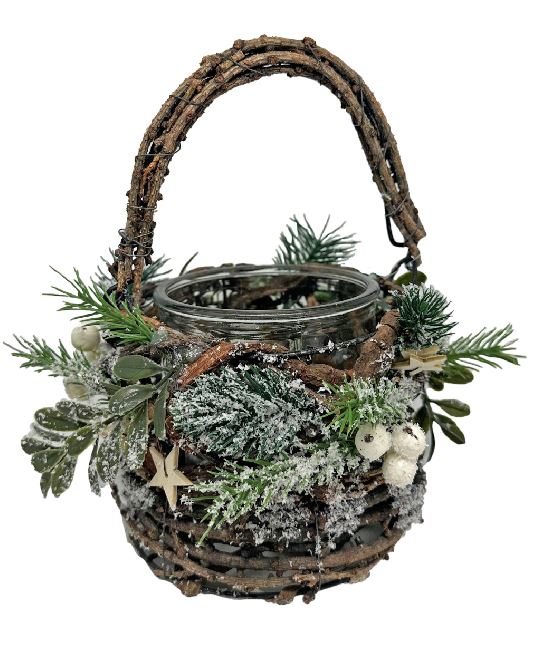 Windlicht Xmas aus Reisig 
mit Glaseinsatz 
D18cm x H21cm
mit Henkel