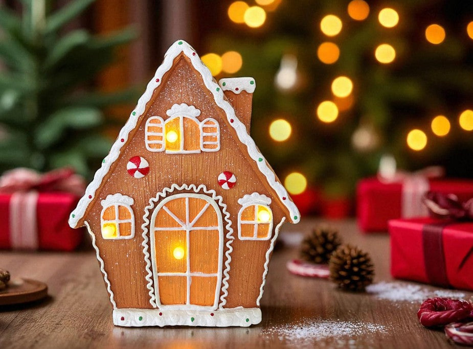 LED Deko Lebkuchenhaus braun mit bunten Verzierungen H41cm 4 LED