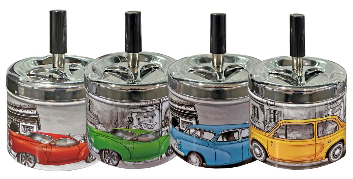 Schleuder-Aschenbecher rund D:9 H:12cm mit Design Retro Car Metall verchromt