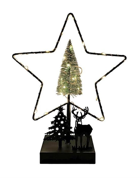 LED Deko Stern mit Hirsch und Baum aus Metall H32cm 26 LED