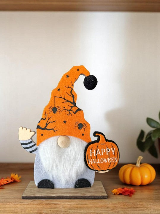 Wichtel Halloween Herbst Filz mit Kürbis auf Ständer aus Holz
