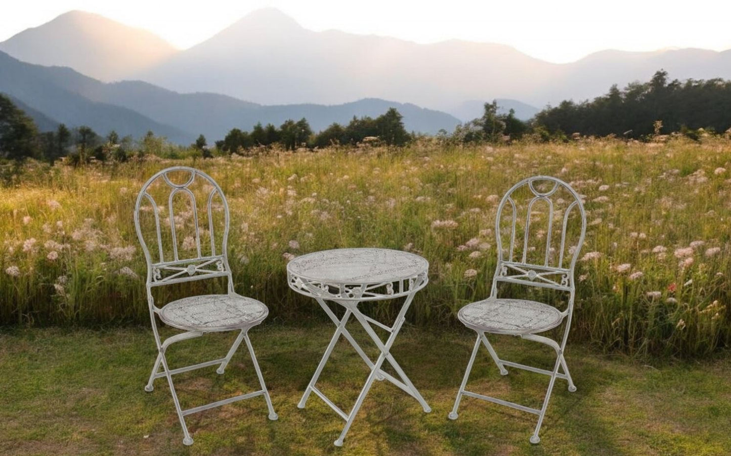 Bistro Set aus Metall Gartentisch und 2 Stühle Farbe: Vintage weiss