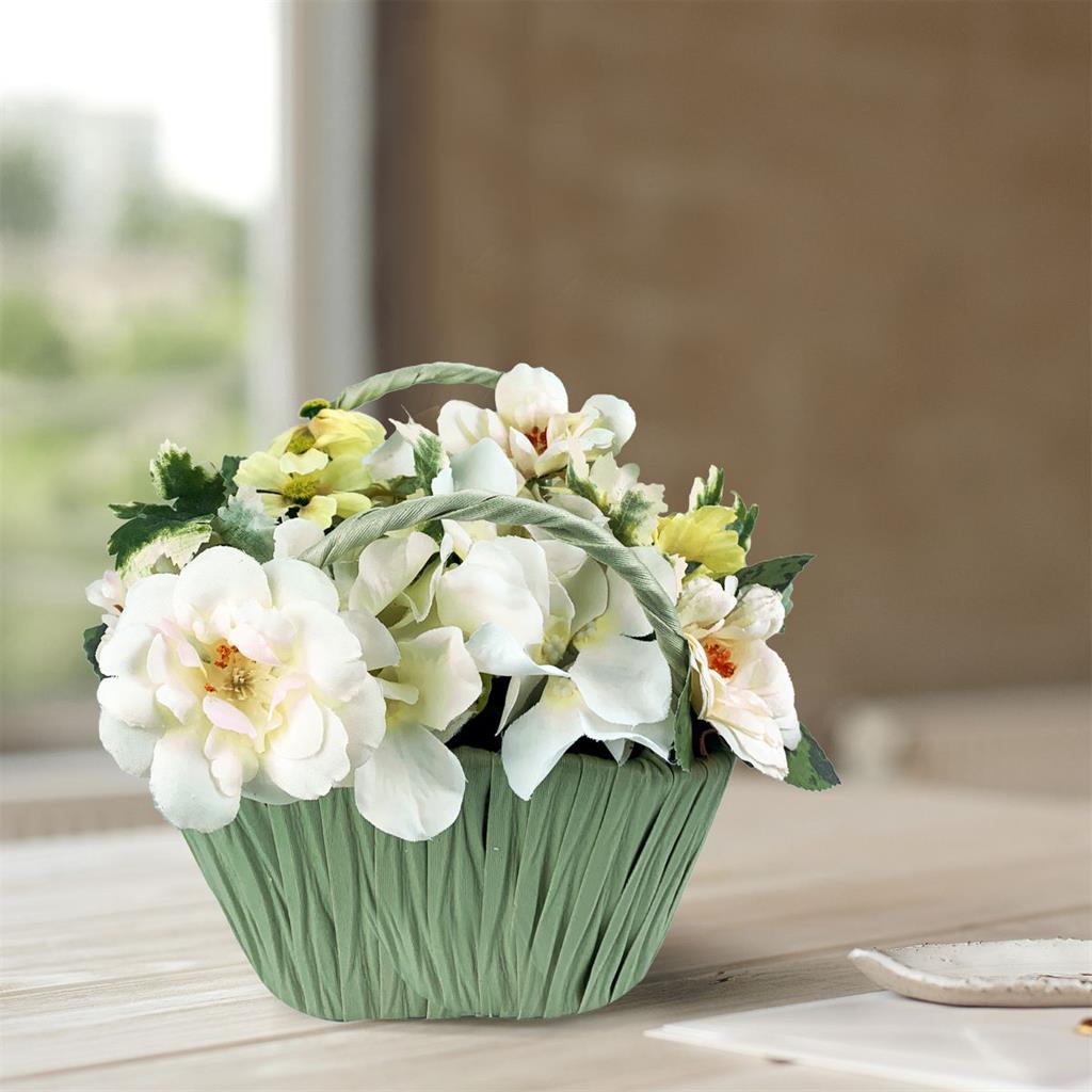 Deko Blumengesteck im 
grünen Topf mit Henkeln 
Kunstblumen