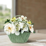 Deko Blumengesteck im 
grünen Topf mit Henkeln 
Kunstblumen