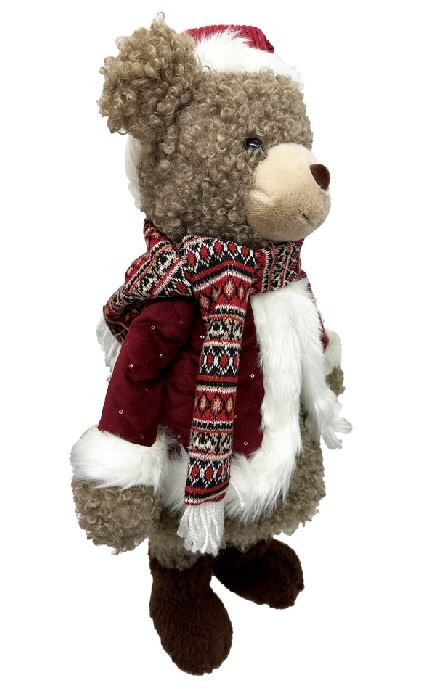 Deko Figur Bär stehend H65cm roter offener Mantel auf Feder wippend montiert