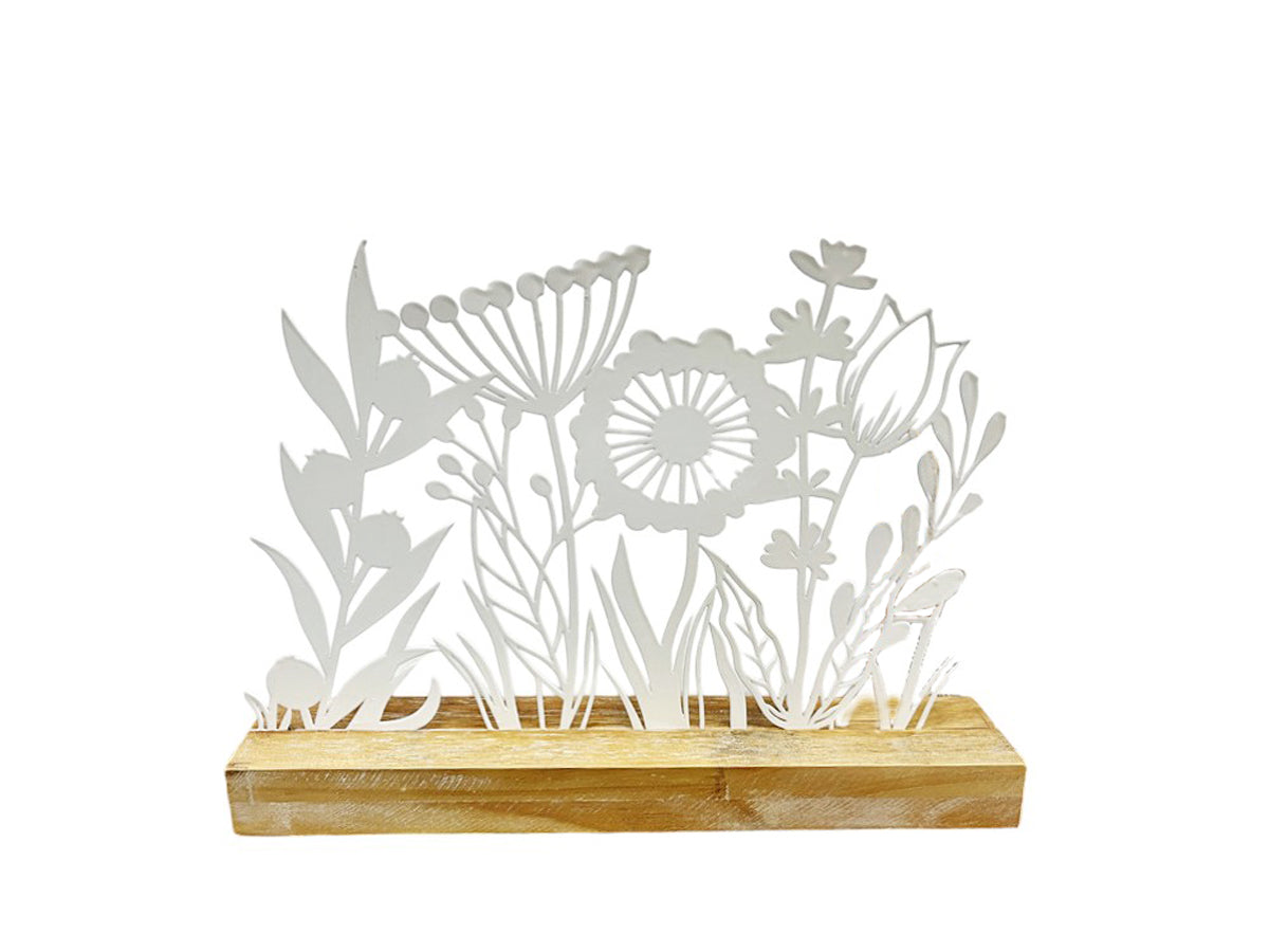 Dekosteller Blumen aus Metall und Holz in Weiss