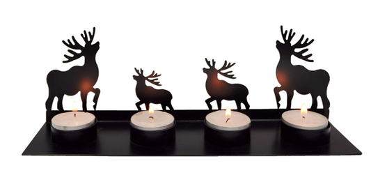 Teelichthalter mit 4 Rentieren 
aus Metall für 4 Teelichter 
L7cm x B27cm H9cm