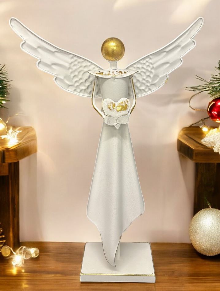 Deko Engel aus Metall mit Herz altweiss gold H51cm