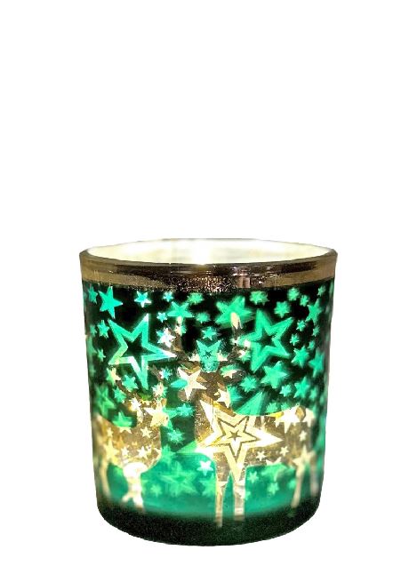 Windlicht aus Glas
Farbe: Matt Grün mit goldigem Rand
H: 8cm D: 7cm