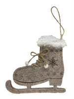 Hänger Deko Schlittschuh  
Filz mit Schneeflocken
verziert, weissem Saum,
Schnürsenkel