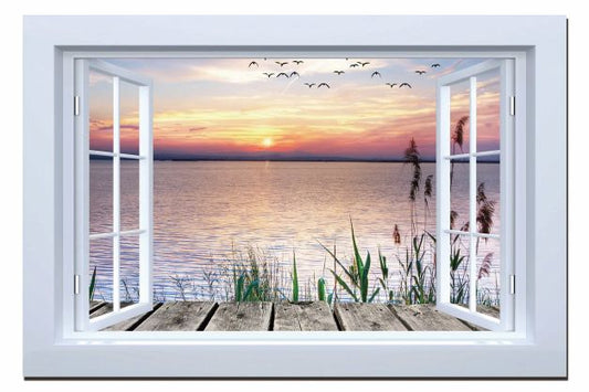 LED Bild aus Canvas 
offenes Fenster auf See
mit Steg 1 LED