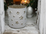 Windlicht aus Glas 
weiss mit Sternenmotiv H10cm