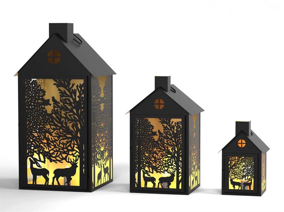 Laterne Forest 3er Set Haus aus Metall Schwarz gold