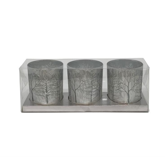 Set di 3 lanterne in vetro
 Design: paesaggio invernale
 argento
 Altezza: 7 cm Profondità: 6 cm