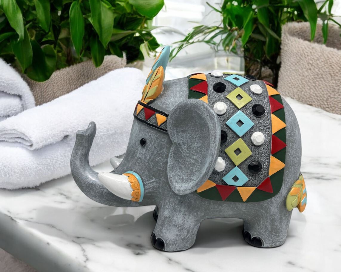 Deko Elefant 
grau mit buntem Sattel und Kopfschmuck 
11.5 x19.5 x15.5cm