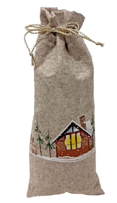 Weinflaschenbeutel Xmas aus Filz in Grau mit Weihnachtsmotiv H31cm
