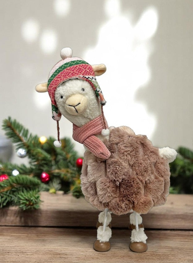 Deko Alpaca stehend wippend in Weiss mit Mütze rosa