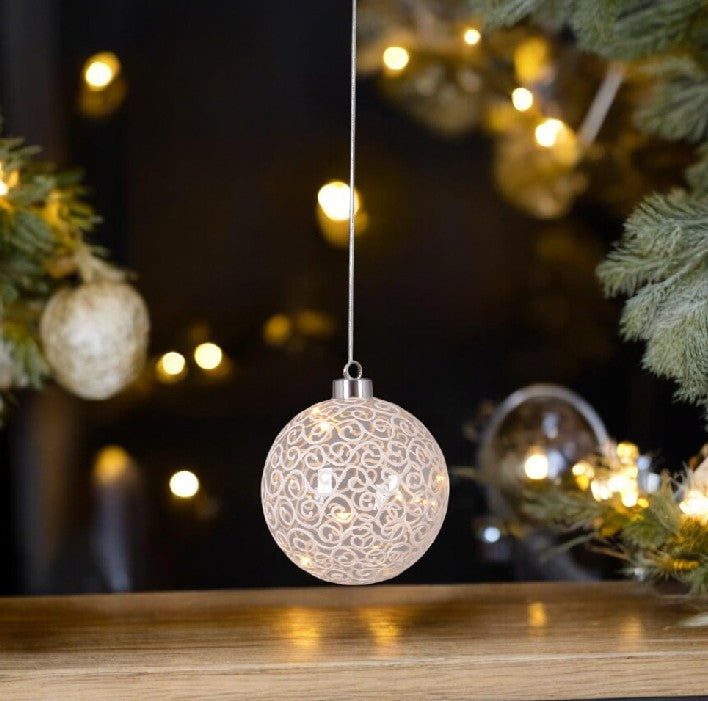 LED Glas Kugel
Hänger mit Ornament
mit 10 LED 
D:10cm