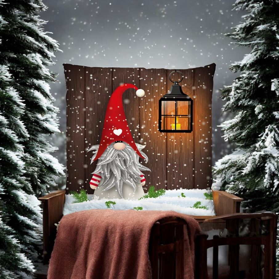 LED Kissen mit Reisverschluss 
und 1 LED 
Motiv: Wichtel und Laterne 
Grösse: 40cmx40cm