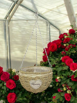 Pflanzkorb rund aus 
Seegras Geflecht 
zum Hängen mit 
Metallrahmen und Kette