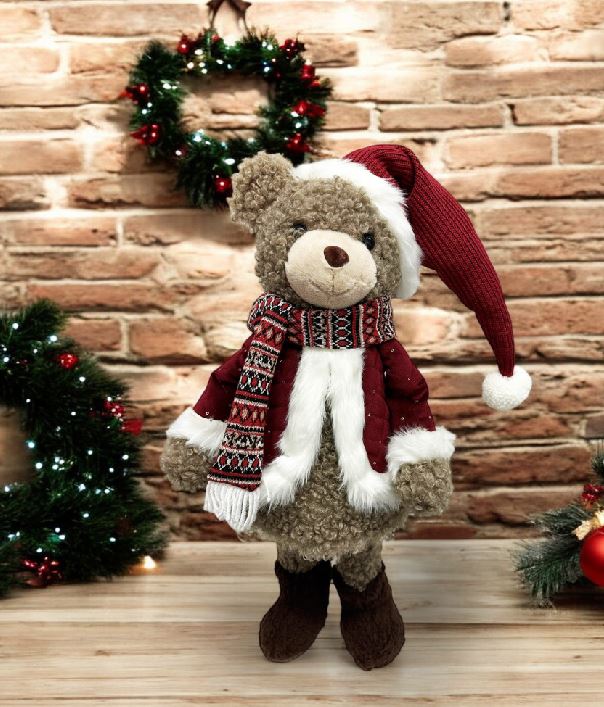 Deko Figur Bär stehend H65cm roter offener Mantel auf Feder wippend montiert