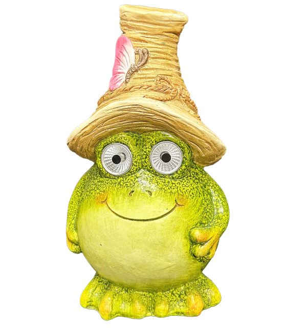 LED Solar Figur Frosch grün mit Hut und rotem Schmetterling