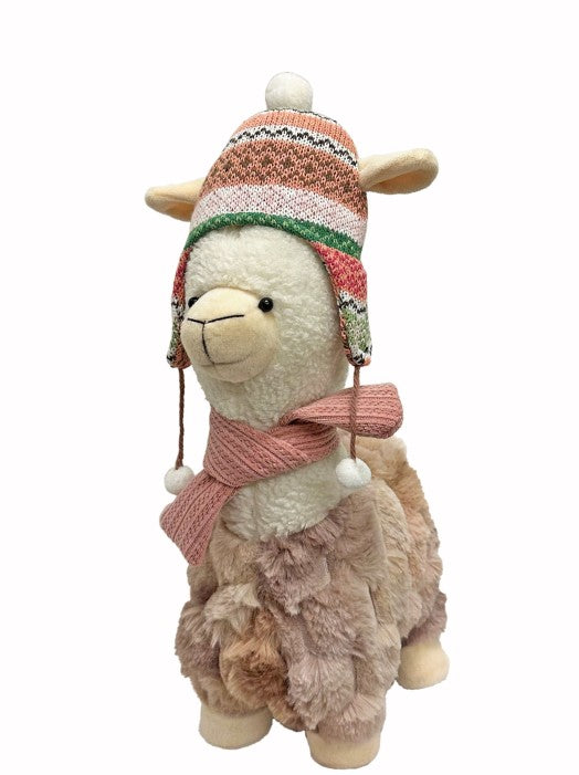 Deko Alpaca stehend in Weiss mit Mütze rosa