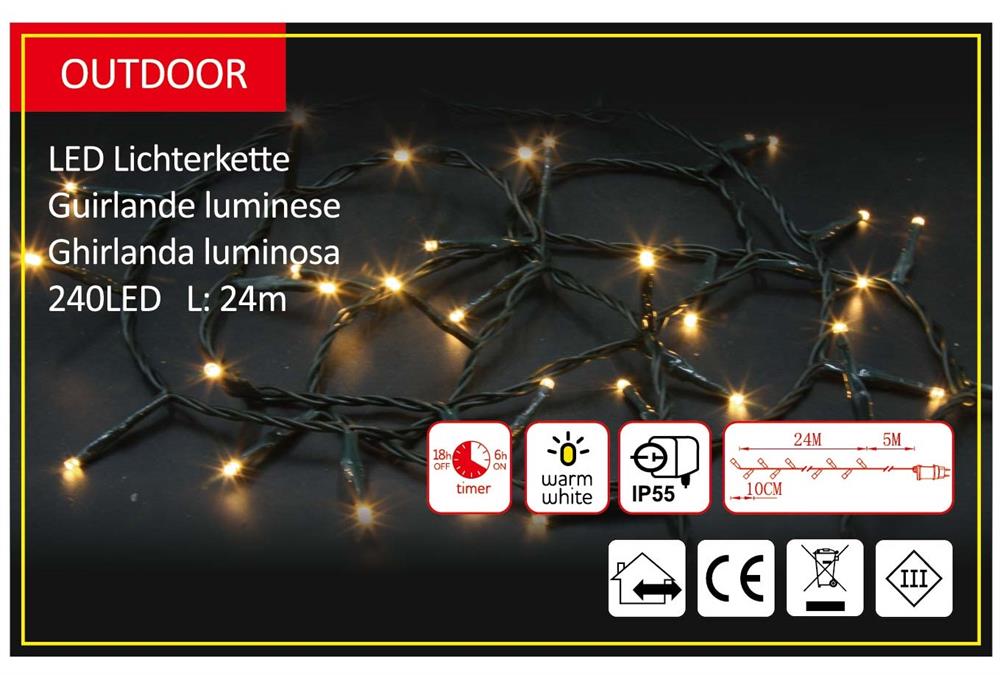 LED Outdoor Lichterkette 240 LED 
Warm weisses Licht 
L: 24m - Kabelfarbe: Grün