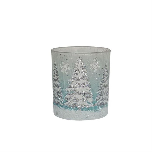 Windlicht aus Glas "Ice Finish" 
Farbe: Blau/Weiss
D: 8.8cm H: 10cm