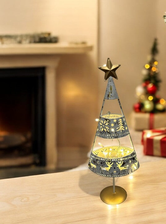 Kerzenständer aus Metall Stern oben verziert mit Rentieren weiss