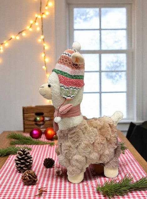 Deko Alpaca stehend in Weiss mit Mütze rosa