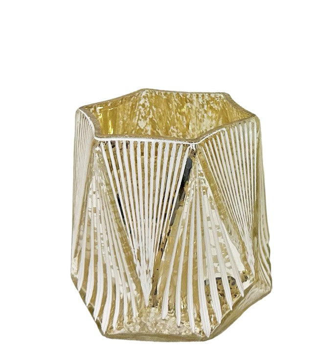 Windlicht 6 eckig Glas 
matt weiss Innen gold 
D10cm x H10cm
