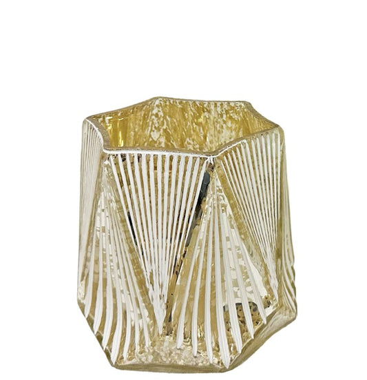 Windlicht 6 eckig Glas 
matt weiss Innen gold 
D10cm x H10cm