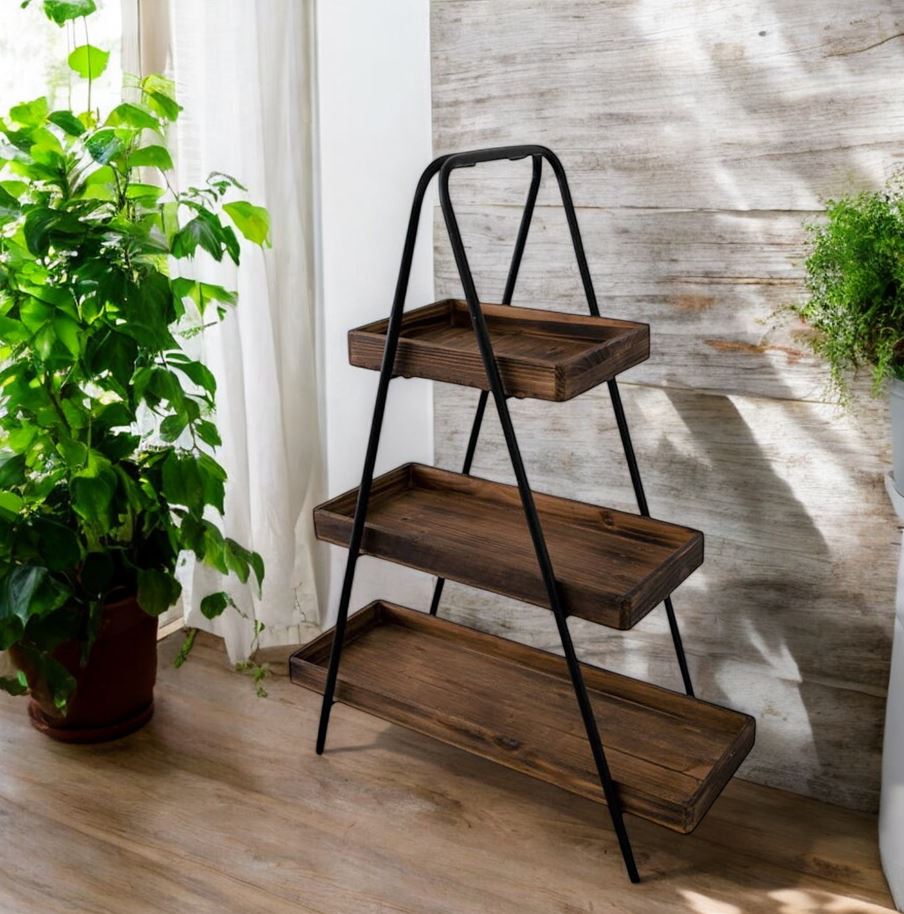 Etagere mit 3 Ablageflächen aus Holz mit schwarzem Metall Gestell