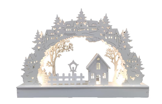 LED Diorama aus Holz mit 10 LED Dorf und Bogen warm weisses Licht