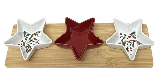 Snack Schalen Stern 3er Set auf Bambus Tablett Grösse 38x12.5cm