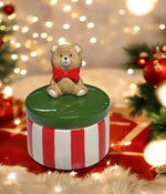 Deko Dose Teddybär weiss rot gestreift grüner Deckel