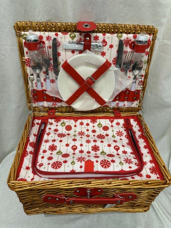 PicknickKorb für 2 Personen rote Weihnachtsmotive hellbraun