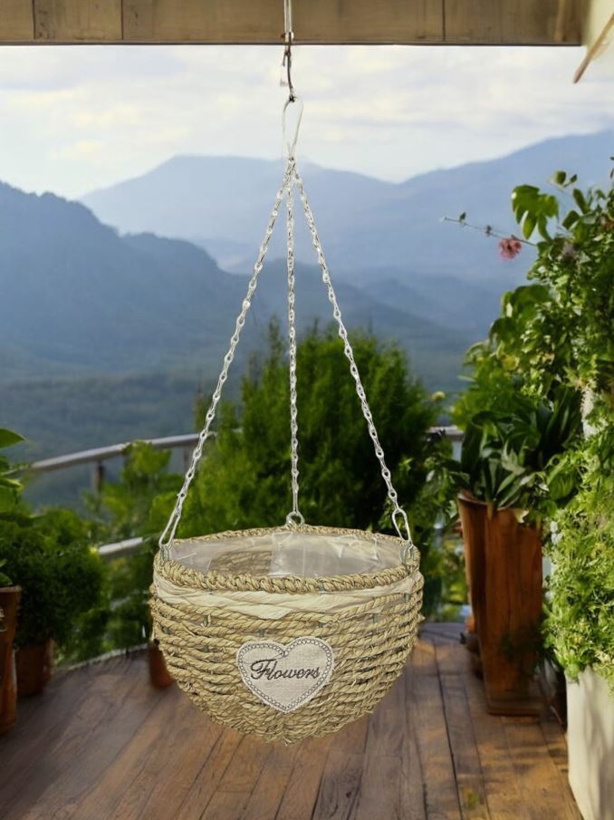 Pflanzkorb rund aus 
Seegras Geflecht 
zum Hängen mit 
Metallrahmen und Kette