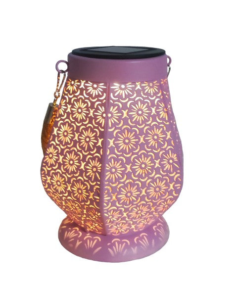 LED Solar Laterne in Rosa aus Metall orientalische Form L12cm x B13.5cm x H18cm