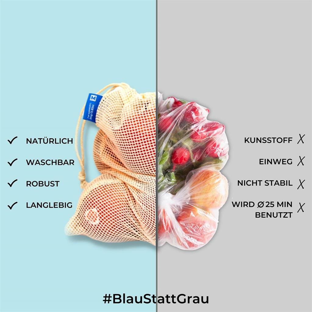 Obstbeutel 4er Set 3 Obst- und Gemüsebeutel plus 1 Brottasche aus 100% Biobaumwolle