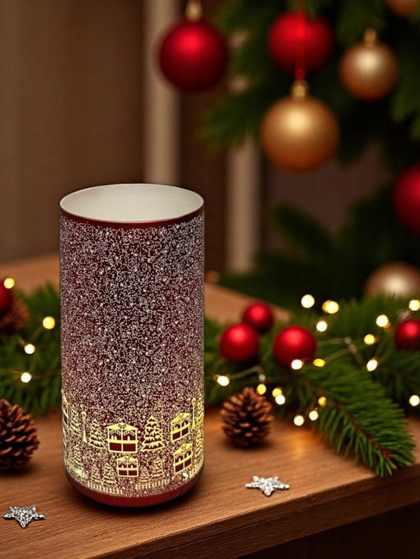 Windlicht aus Glas Bergdorfmotiv rot weiss