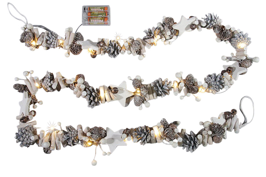 LED Girlande Holz mit 20 LED mit
Tannenzapfen, weisse Beeren und
Holzsterne - L: 200cm