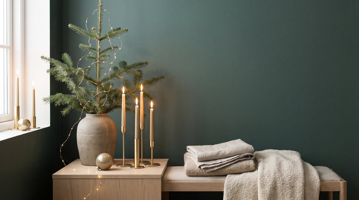 Weihnachtliche Wohnzimmerdekoration in Petrolgrün und Gold mit Tannenzweigen, Kerzen und Lichterkette