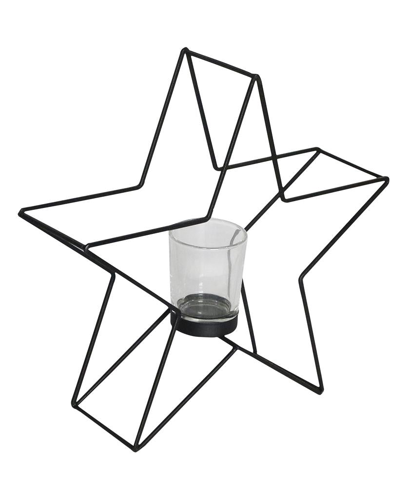 Kerzenhalter Stern 
in Schwarz aus Metall 
H: 28cm B: 29cm T: 8cm