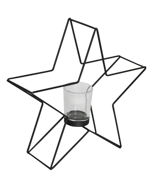 Kerzenhalter Stern 
in Schwarz aus Metall 
H: 28cm B: 29cm T: 8cm