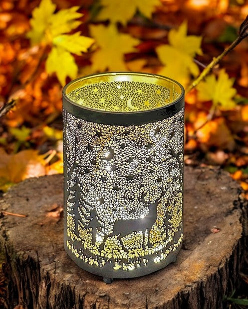Windlicht schwarz aus Metall Motiv: Hirsch im Wald