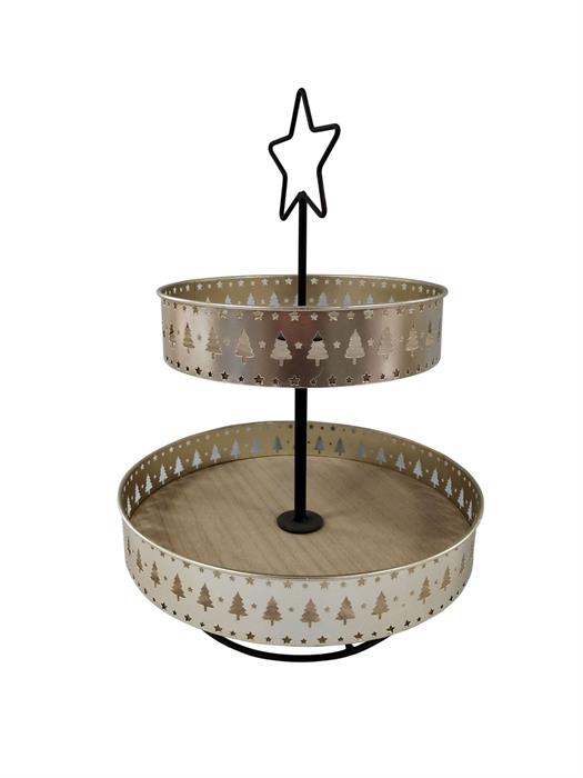 Etagere aus Metall mit 
2 Ablageflächen aus Holz
Farbe: gold