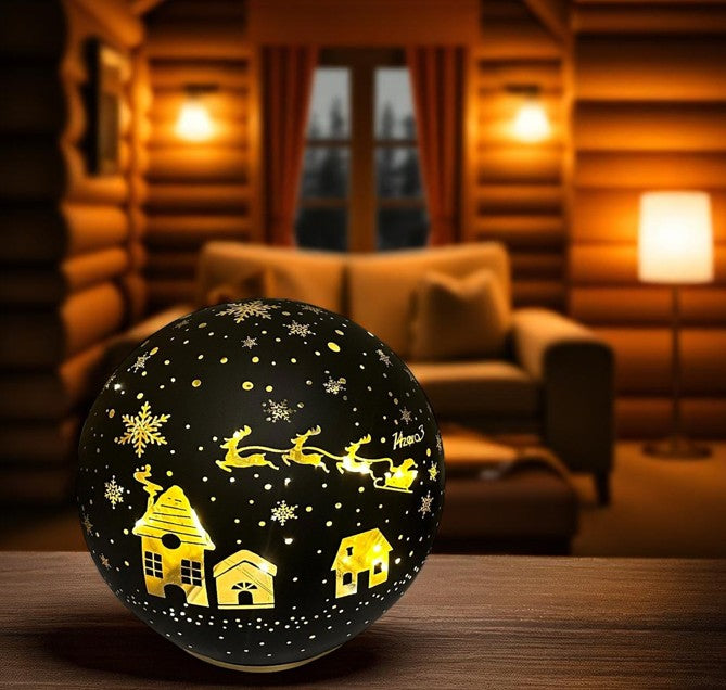LED Glas Kugel schwarz mit 10 LED D:12cm Motiv: Weihnachtsdorf